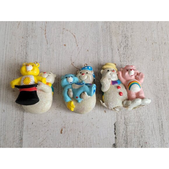 Vintage care bear snow glitter set ornament xmas cheer sunshine - Picture 1 of 5